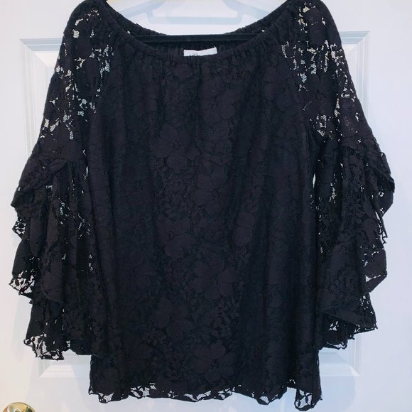 Fever Black Lace Off the Shoulder Bell Sleeve Top NWT - Picture 1 of 9